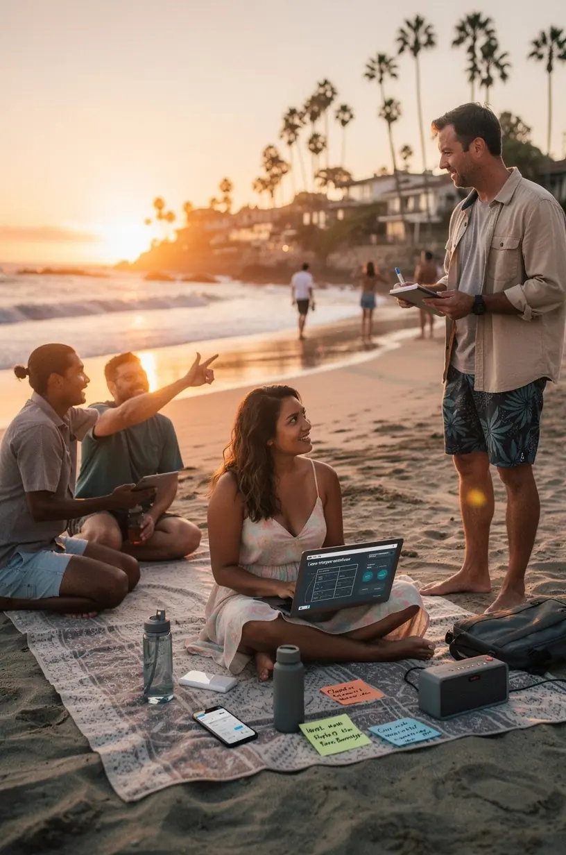 Modern workspace with multiple digital devices displaying productivity software and analytics dashboards.
